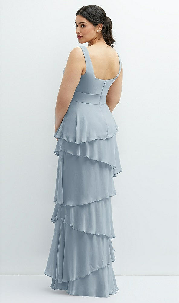 Back View - Mist Asymmetrical Tiered Ruffle Chiffon Maxi Dress with Handworked Flowers Detail