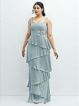 Front View Thumbnail - Morning Sky Asymmetrical Tiered Ruffle Chiffon Maxi Dress with Handworked Flowers Detail