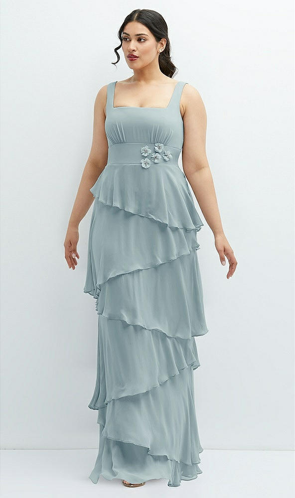 Front View - Morning Sky Asymmetrical Tiered Ruffle Chiffon Maxi Dress with Handworked Flowers Detail