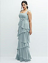 Side View Thumbnail - Morning Sky Asymmetrical Tiered Ruffle Chiffon Maxi Dress with Handworked Flowers Detail