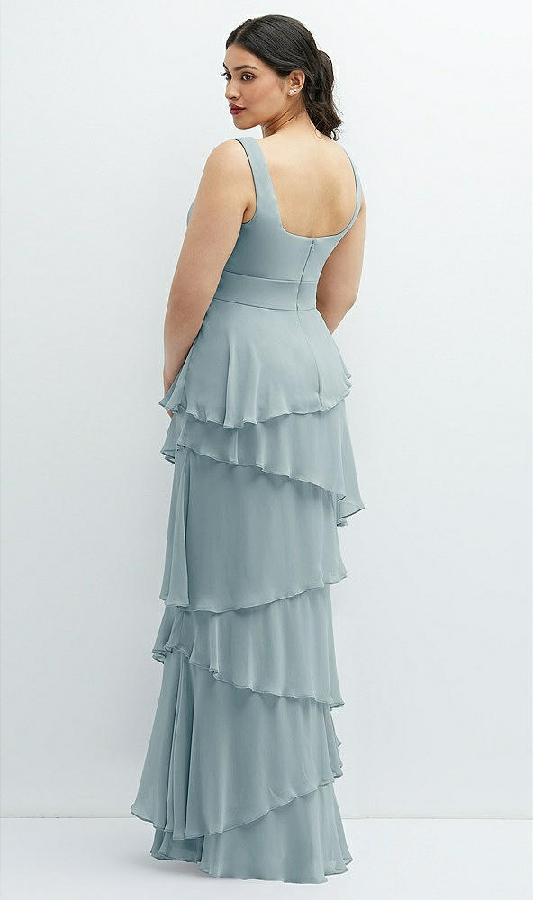 Back View - Morning Sky Asymmetrical Tiered Ruffle Chiffon Maxi Dress with Handworked Flowers Detail