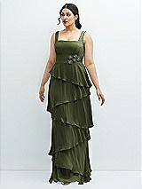 Front View Thumbnail - Olive Green Asymmetrical Tiered Ruffle Chiffon Maxi Dress with Handworked Flowers Detail