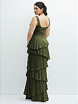 Rear View Thumbnail - Olive Green Asymmetrical Tiered Ruffle Chiffon Maxi Dress with Handworked Flowers Detail