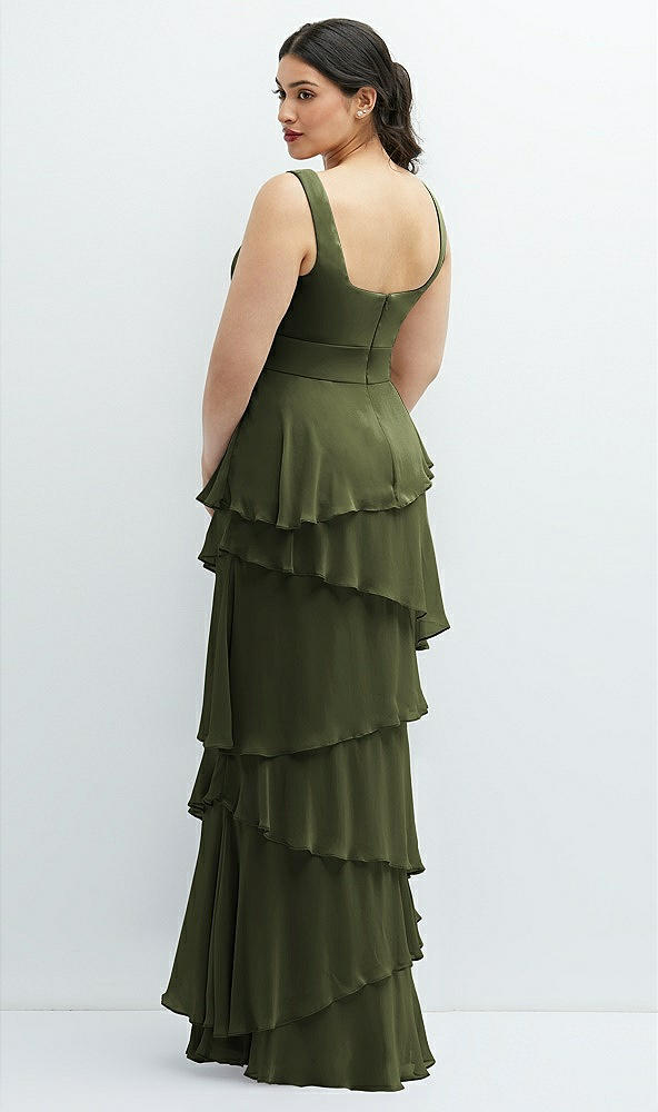 Back View - Olive Green Asymmetrical Tiered Ruffle Chiffon Maxi Dress with Handworked Flowers Detail