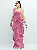 Front View Thumbnail - Orchid Pink Asymmetrical Tiered Ruffle Chiffon Maxi Dress with Handworked Flowers Detail