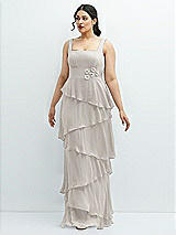 Front View Thumbnail - Oyster Asymmetrical Tiered Ruffle Chiffon Maxi Dress with Handworked Flowers Detail