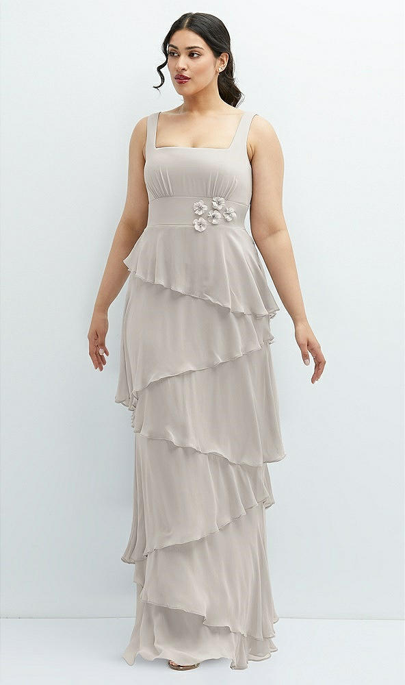 Front View - Oyster Asymmetrical Tiered Ruffle Chiffon Maxi Dress with Handworked Flowers Detail