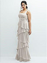Side View Thumbnail - Oyster Asymmetrical Tiered Ruffle Chiffon Maxi Dress with Handworked Flowers Detail
