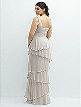 Rear View Thumbnail - Oyster Asymmetrical Tiered Ruffle Chiffon Maxi Dress with Handworked Flowers Detail
