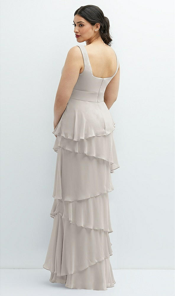 Back View - Oyster Asymmetrical Tiered Ruffle Chiffon Maxi Dress with Handworked Flowers Detail