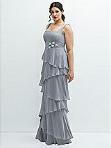 Side View Thumbnail - Platinum Asymmetrical Tiered Ruffle Chiffon Maxi Dress with Handworked Flowers Detail