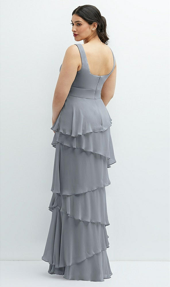 Back View - Platinum Asymmetrical Tiered Ruffle Chiffon Maxi Dress with Handworked Flowers Detail