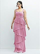 Front View Thumbnail - Powder Pink Asymmetrical Tiered Ruffle Chiffon Maxi Dress with Handworked Flowers Detail
