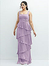 Front View Thumbnail - Pale Purple Asymmetrical Tiered Ruffle Chiffon Maxi Dress with Handworked Flowers Detail