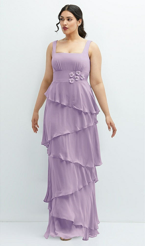 Front View - Pale Purple Asymmetrical Tiered Ruffle Chiffon Maxi Dress with Handworked Flowers Detail
