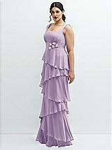 Side View Thumbnail - Pale Purple Asymmetrical Tiered Ruffle Chiffon Maxi Dress with Handworked Flowers Detail