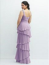 Rear View Thumbnail - Pale Purple Asymmetrical Tiered Ruffle Chiffon Maxi Dress with Handworked Flowers Detail