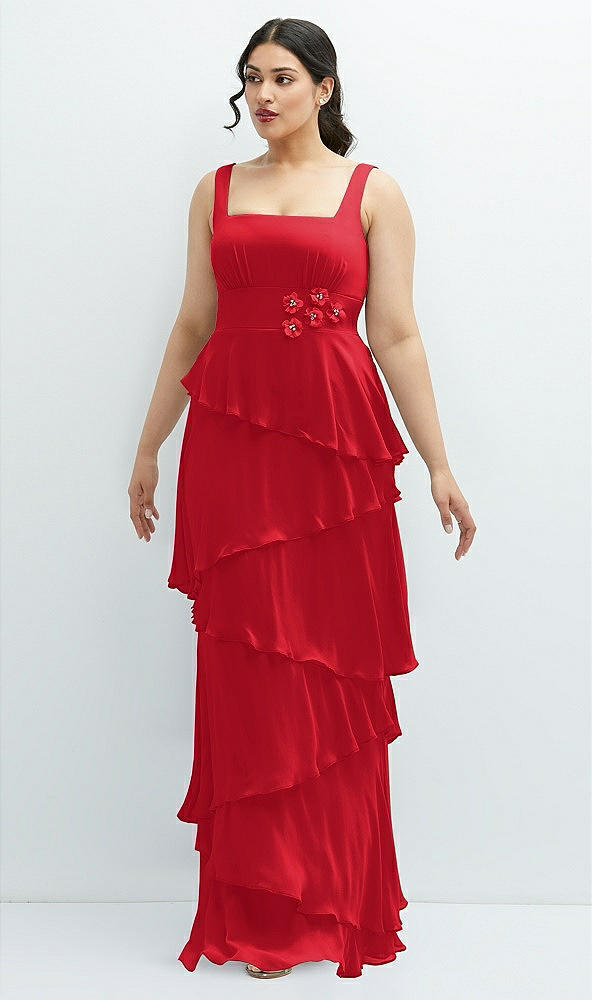 Front View - Parisian Red Asymmetrical Tiered Ruffle Chiffon Maxi Dress with Handworked Flowers Detail