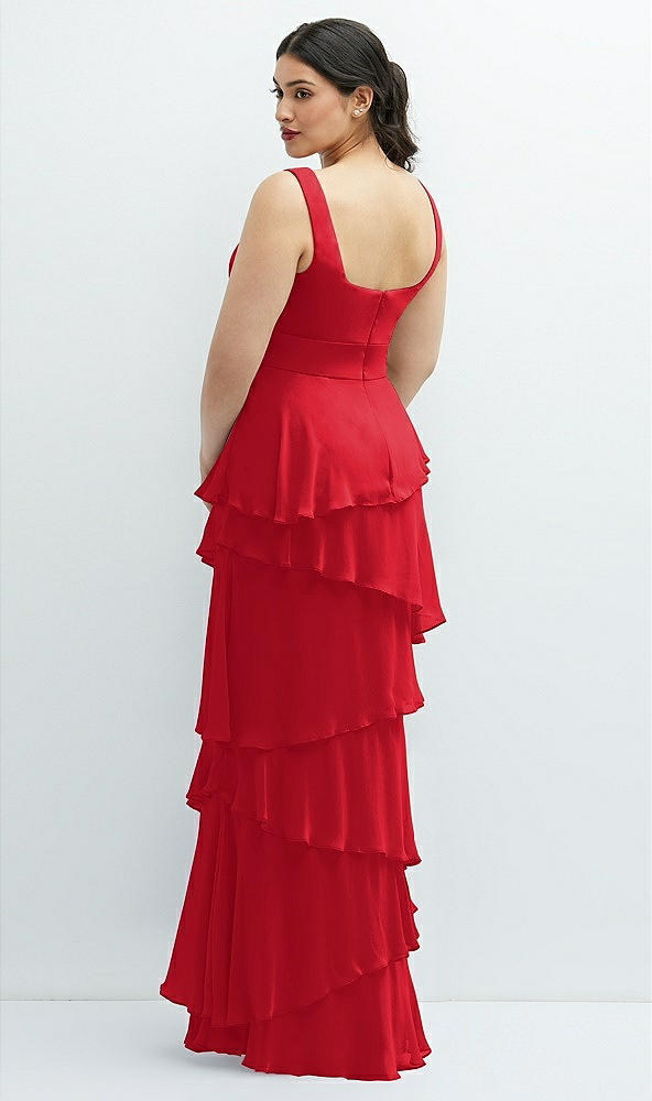 Back View - Parisian Red Asymmetrical Tiered Ruffle Chiffon Maxi Dress with Handworked Flowers Detail