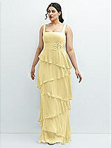 Front View Thumbnail - Pale Yellow Asymmetrical Tiered Ruffle Chiffon Maxi Dress with Handworked Flowers Detail