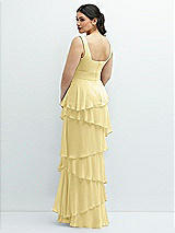 Rear View Thumbnail - Pale Yellow Asymmetrical Tiered Ruffle Chiffon Maxi Dress with Handworked Flowers Detail