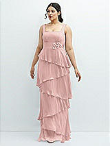 Front View Thumbnail - Rose - PANTONE Rose Quartz Asymmetrical Tiered Ruffle Chiffon Maxi Dress with Handworked Flowers Detail