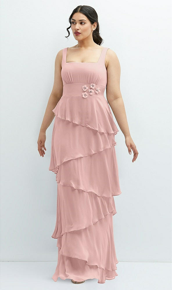 Front View - Rose - PANTONE Rose Quartz Asymmetrical Tiered Ruffle Chiffon Maxi Dress with Handworked Flowers Detail