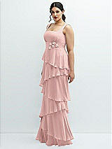 Side View Thumbnail - Rose - PANTONE Rose Quartz Asymmetrical Tiered Ruffle Chiffon Maxi Dress with Handworked Flowers Detail