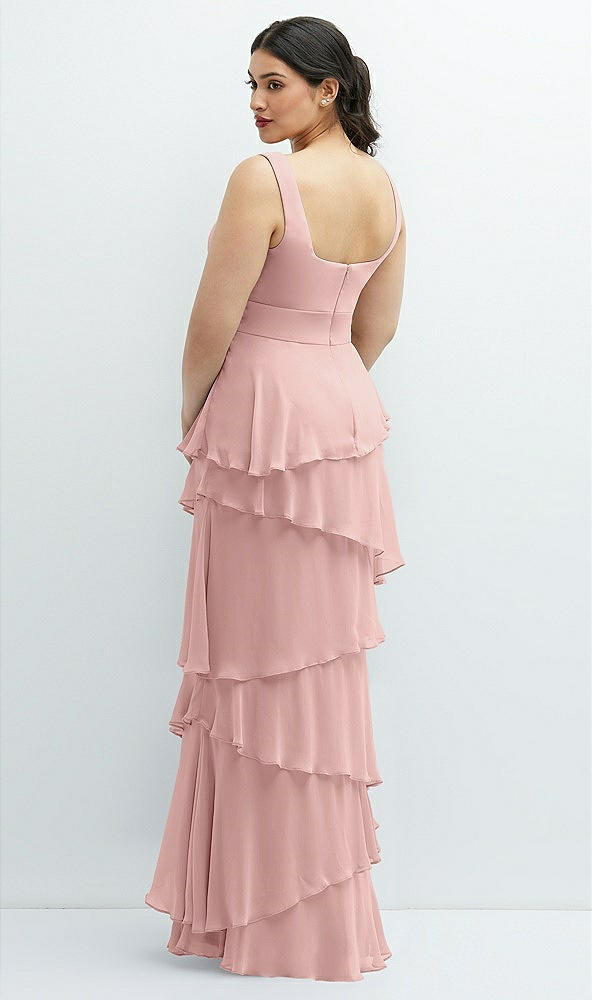 Back View - Rose - PANTONE Rose Quartz Asymmetrical Tiered Ruffle Chiffon Maxi Dress with Handworked Flowers Detail