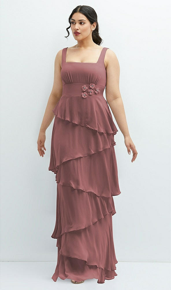 Front View - Rosewood Asymmetrical Tiered Ruffle Chiffon Maxi Dress with Handworked Flowers Detail
