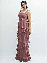 Side View Thumbnail - Rosewood Asymmetrical Tiered Ruffle Chiffon Maxi Dress with Handworked Flowers Detail