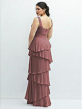 Rear View Thumbnail - Rosewood Asymmetrical Tiered Ruffle Chiffon Maxi Dress with Handworked Flowers Detail