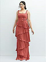 Front View Thumbnail - Coral Pink Asymmetrical Tiered Ruffle Chiffon Maxi Dress with Handworked Flowers Detail