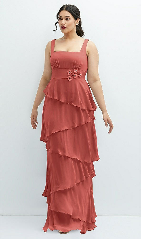 Front View - Coral Pink Asymmetrical Tiered Ruffle Chiffon Maxi Dress with Handworked Flowers Detail