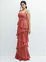 Side View Thumbnail - Coral Pink Asymmetrical Tiered Ruffle Chiffon Maxi Dress with Handworked Flowers Detail