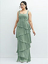 Front View Thumbnail - Seagrass Asymmetrical Tiered Ruffle Chiffon Maxi Dress with Handworked Flowers Detail