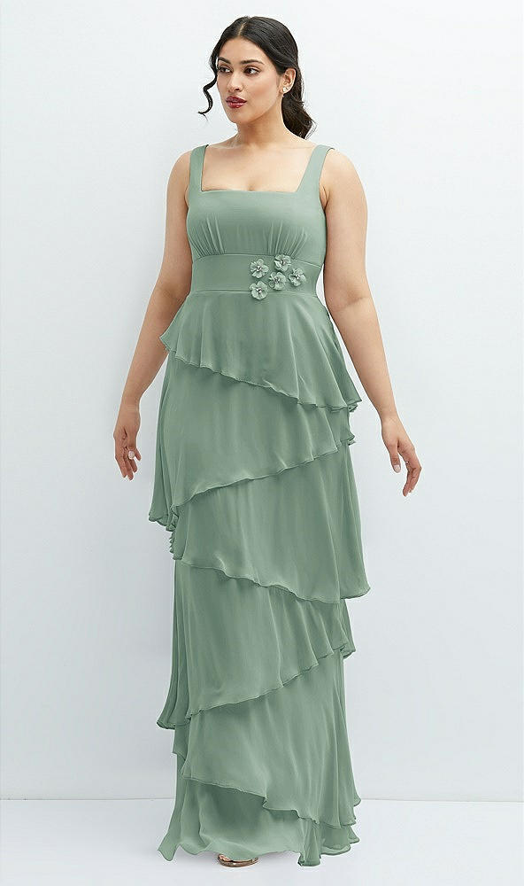 Front View - Seagrass Asymmetrical Tiered Ruffle Chiffon Maxi Dress with Handworked Flowers Detail