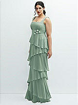 Side View Thumbnail - Seagrass Asymmetrical Tiered Ruffle Chiffon Maxi Dress with Handworked Flowers Detail
