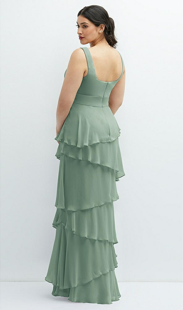 Back View - Seagrass Asymmetrical Tiered Ruffle Chiffon Maxi Dress with Handworked Flowers Detail