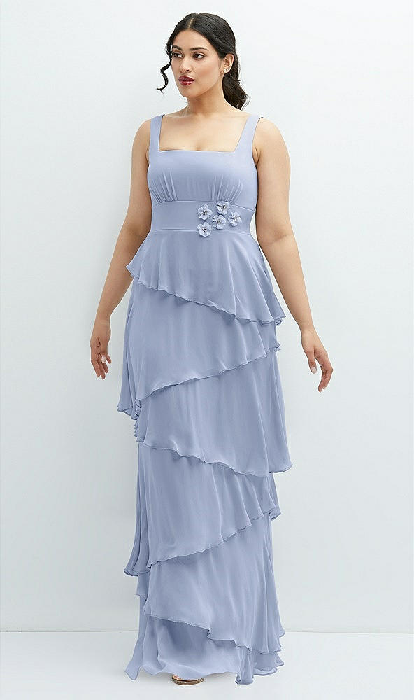 Front View - Sky Blue Asymmetrical Tiered Ruffle Chiffon Maxi Dress with Handworked Flowers Detail