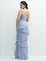 Rear View Thumbnail - Sky Blue Asymmetrical Tiered Ruffle Chiffon Maxi Dress with Handworked Flowers Detail