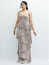 Front View Thumbnail - Taupe Asymmetrical Tiered Ruffle Chiffon Maxi Dress with Handworked Flowers Detail