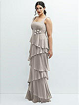 Side View Thumbnail - Taupe Asymmetrical Tiered Ruffle Chiffon Maxi Dress with Handworked Flowers Detail