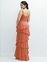 Rear View Thumbnail - Terracotta Copper Asymmetrical Tiered Ruffle Chiffon Maxi Dress with Handworked Flowers Detail
