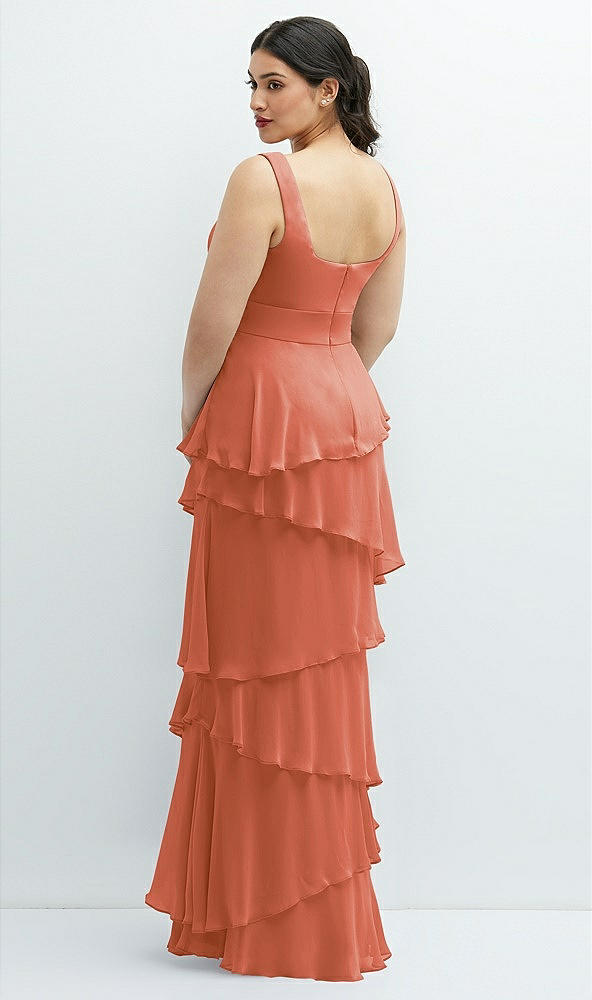 Back View - Terracotta Copper Asymmetrical Tiered Ruffle Chiffon Maxi Dress with Handworked Flowers Detail