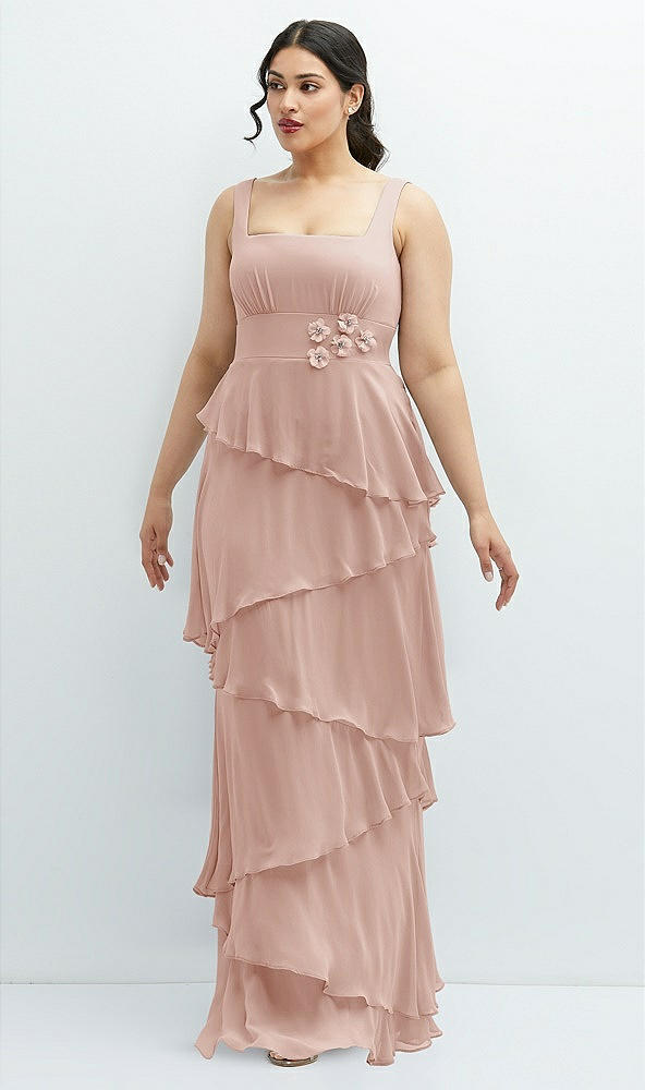 Front View - Toasted Sugar Asymmetrical Tiered Ruffle Chiffon Maxi Dress with Handworked Flowers Detail