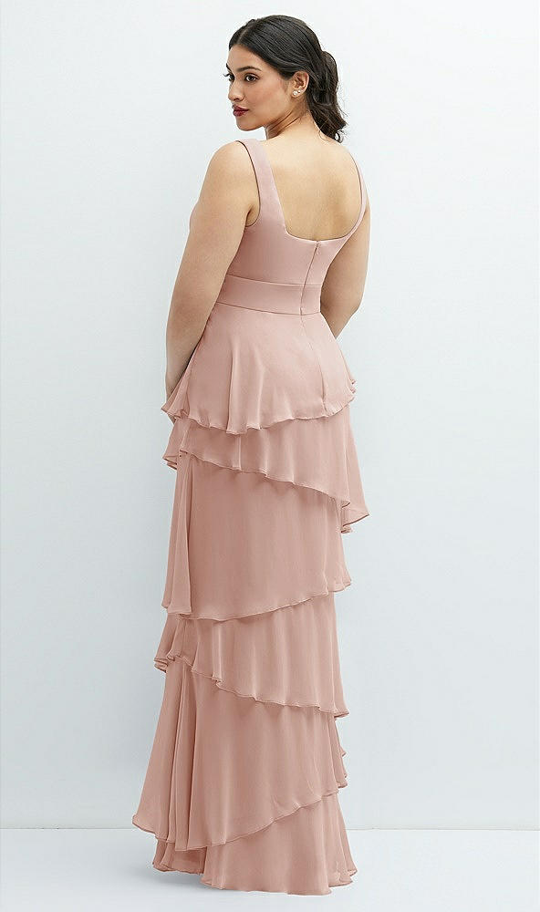 Back View - Toasted Sugar Asymmetrical Tiered Ruffle Chiffon Maxi Dress with Handworked Flowers Detail