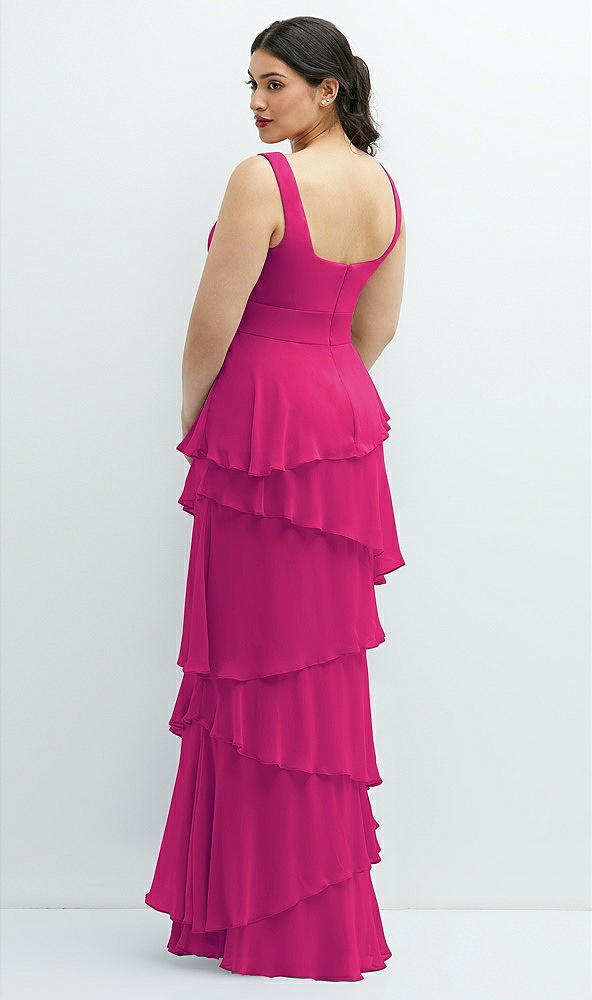 Back View - Think Pink Asymmetrical Tiered Ruffle Chiffon Maxi Dress with Handworked Flowers Detail