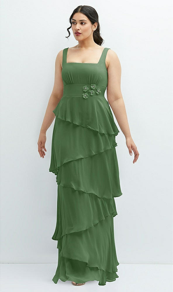 Front View - Vineyard Green Asymmetrical Tiered Ruffle Chiffon Maxi Dress with Handworked Flowers Detail