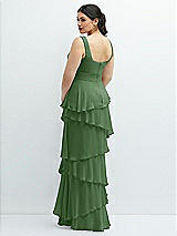 Rear View Thumbnail - Vineyard Green Asymmetrical Tiered Ruffle Chiffon Maxi Dress with Handworked Flowers Detail